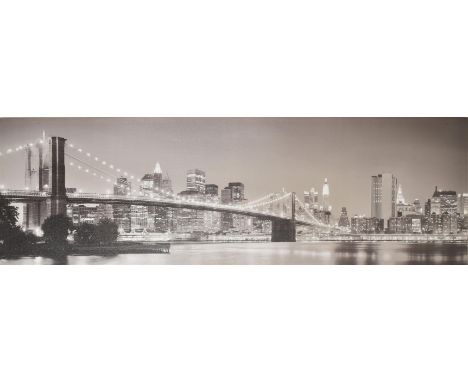 A vintage IKEA light up print on canvas of the Brooklyn Bridge, New York. The rectangular canvas with battery powered lights 