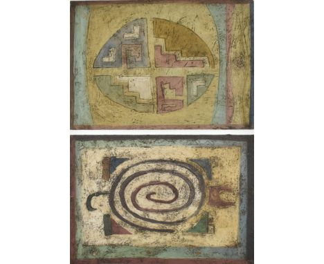 A pair of vintage mid century Ecuadorian South American relief textured paintings in the style of Troika Pottery. Each featur