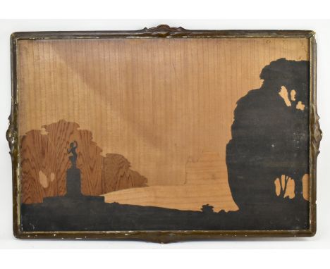 A vintage 20th century Art Deco marquetry picture. The picture forming a landscape scene with a figure upon a pedestal. Label