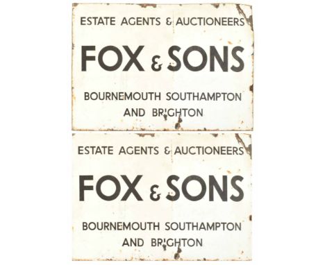 A pair of vintage mid century large enamel signs for Fox &amp; Sons. The sign with black lettering on white ground reading Es