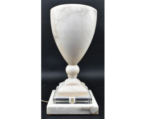 A contemporary American USA alabaster &amp; perspex desk table lamp light. The lamp having a goblet shaped shade over stepped