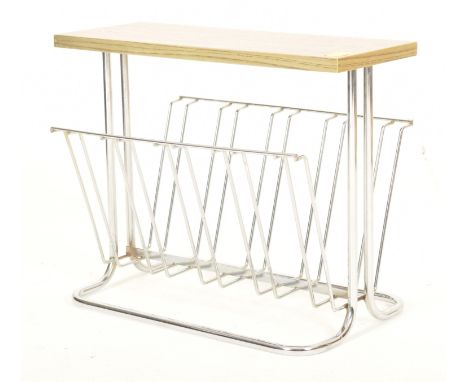 A vintage mid century teak &amp; chrome magazine / vinyl record rack. The side rack featuring rectangular table surface over 