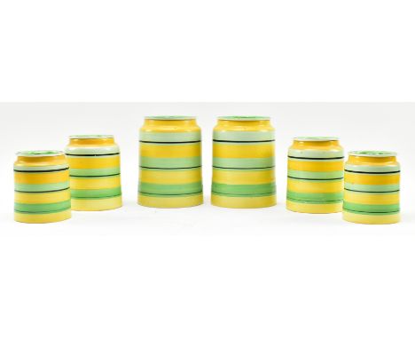 Gray's Pottery - a matching set of six vintage 20th century 1930s ceramic lidded pots / kitchen canisters. Varying 'sizes wit