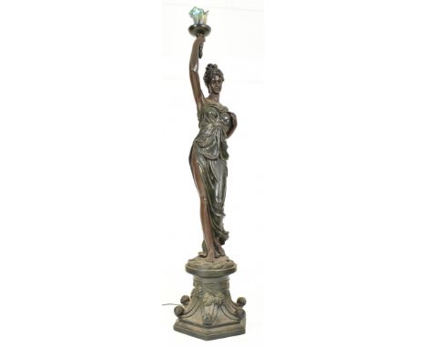 A large Art Nouveau inspired 20th century bronzed resin and lustre glass floor standard lamp light in the shape of a Neoclass