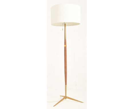 John Lewis - a contemporary high end design teak &amp; brass atomic floor standard lamp light. The lamp havign a cream cylind