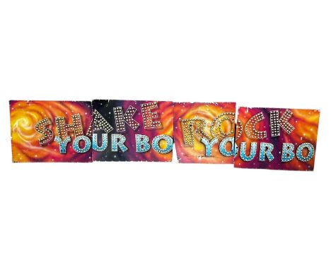 A set of four vintage funfair / fair ground / amusement park novelty ' Shake your Body ' light up metal panels. The lot compr
