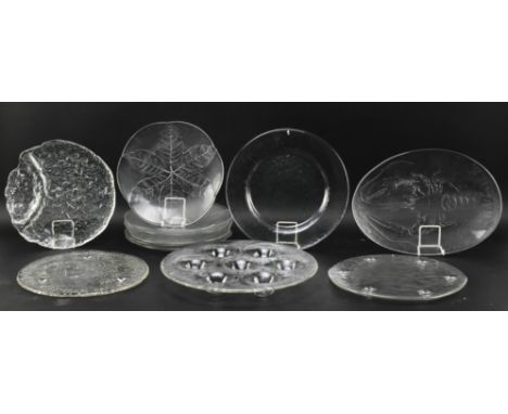 Kosta Boda, Iittala etc - a collection of twelve vintage 20th century frosted glass platters, chargers and plates. The lot co