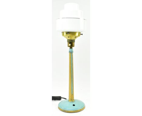 A vintage 20th century Art Deco table / desk lamp light. The lamp having a shaped three tier opaque glass shade on a blue pai