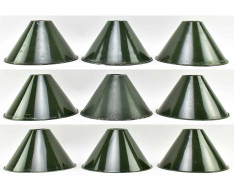 A set of nine vintage 20th century industrial / factory aluminIum green pendant shades. Each of conical form finished in mili