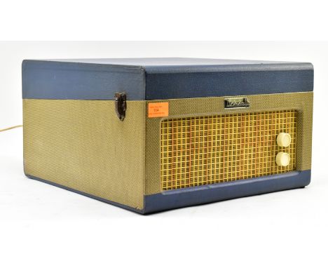 Dansette Major - a vintage 1960s record player on legs. The player with textured vinyl outer covering, opening to reveal blue