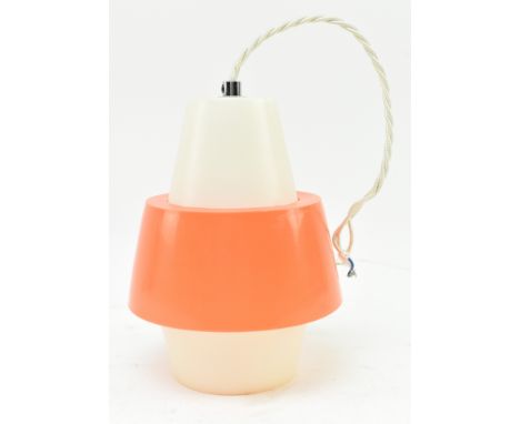 A vintage small Space Age style pendant light shade. The shade of white &amp; neon orange plastic, featuring loose orange sha