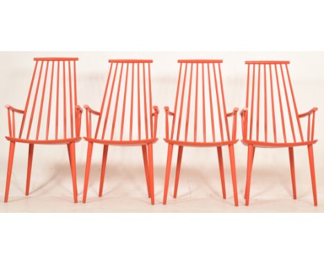Four vintage mid century Danish Design red stained stickback Windsor armchairs. Each armchair painted in red colourway. Belie
