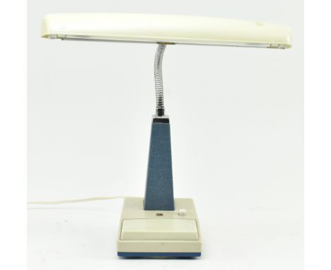 National Fluorescence - a vintage Japanese 1980s cream &amp; teal blue plastic gooseneck desk lamp. The bedside lamp featurin