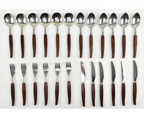 A vintage mid century circa 1970s Danish style teak cutlery canteen. The cased set with thirty-two pieces comprising forks, k