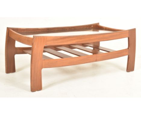 G-Plan - Katrina - a vintage 1970s teak and glass topped coffee table. The coffee table of rectangular form with curved edges