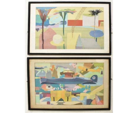 Raymond Bensen - a pair of original vintage mid century mixed media pencil, pastel &amp; pen collage paintings. One featuring