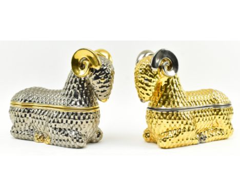 A pair of vintage modern Italian design studio pottery lidded pots. Each pot in the form of a woven basket figured as a ram, 