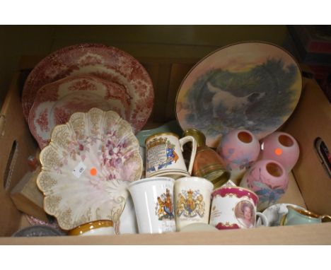 Three small pretty hand painted glass lamp shades, a small selection of pink and white ware, a Royal Doulton display plate de