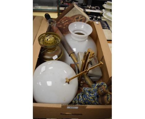 A miscellaneous selection of items including a vintage ceiling light, large oil lamp style shade, chimney and base, a set of 