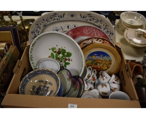 A large Portmeirion strawberry bowl, a Spode 'Camilla' platter, a selection of blue and white plates including a large meat p