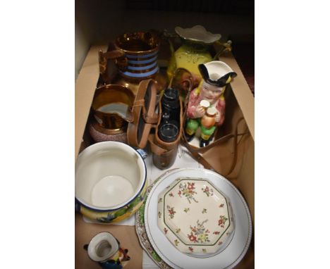 Two lustre ware jugs, a Victorian vase depicting sheep, a Toby jug and a pair of Carl Zeiss 8x30 binoculars in case etc.