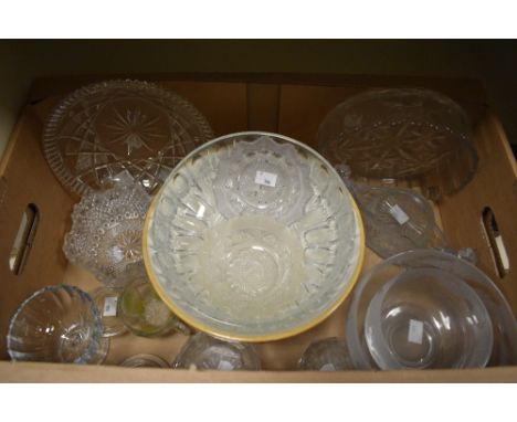 A carton of assorted glassware including cut and pressed glass dishes, etched dish and tazza sold alongside a vintage baking 