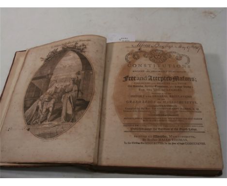 Constitutions of the Ancient and Honorable Fraternity of Free and Accepted Masons,: frontispiece, calf (re-backed), 4to.,  Wo