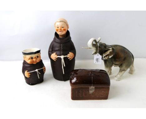 Dux elephant, Carlton Ware Hovis loaf form butter dish, Goebel monk jug and monk form decanter