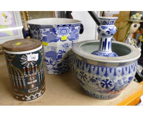 Masons blue and white slop pail, Oriental style planter decorated with koi, Delft vase and Portmeirion style lidded jar