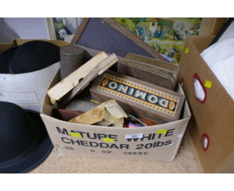 Box of vintage children's chalkboard's, dominoes, cribbage boards, card games etc