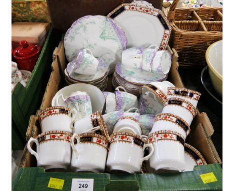 Box of part tea set, Foley, green and purple, floral patterned etc