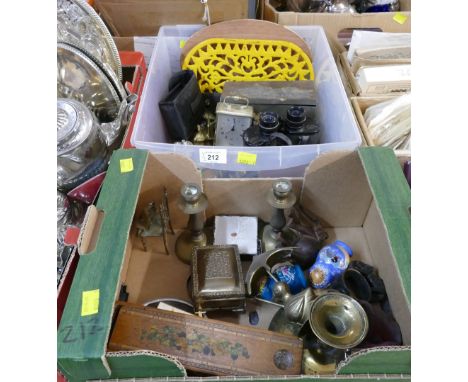 Two boxes of Brantfell 8 x 30 binoculars, trivet, brassware, corkscrew, pencil case etc