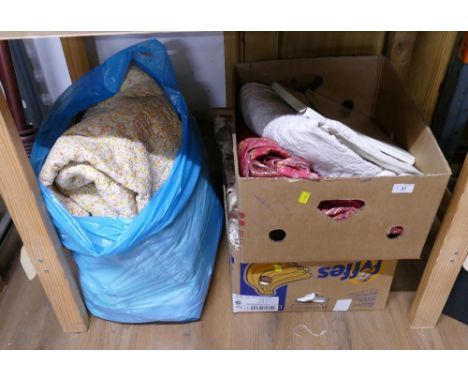 Vintage floral quilt, two boxes of vintage bedding including quilts, linens etc