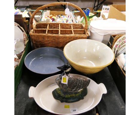 Wicker wine hamper, Gresley mixing bowl, large Denby baking dish, Le Creuset baking dish and goose doorstop
