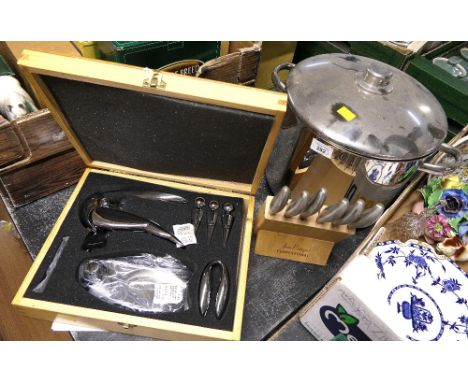 Metal two handled cooking pan, boxed corkscrew gift set and set of Jean-Patrique knives This bladed product is not for sale t