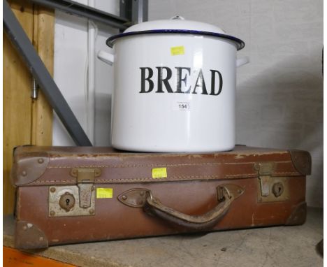 Enamelled bread bin and vintage suitcase