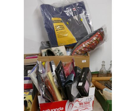 Two boxes of blanket, tarpaulin, shirts, ties, cushion etc