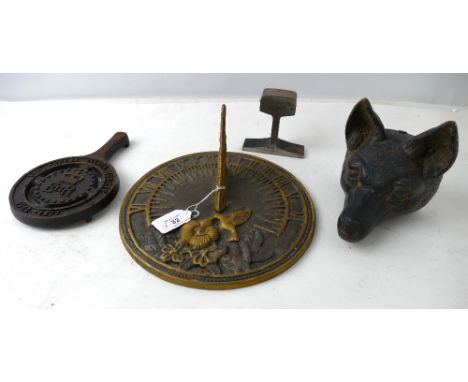 Cast metal sundial, Queen Elizabeth Silver Jubilee trivet, metal fox mask etc