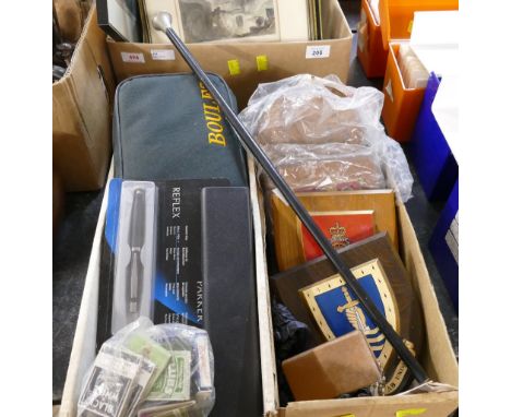 Swagger stick, military plaques, boxed Parker Relfex pen, matchboxes, carpets boules etc