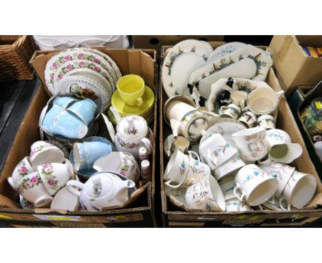 Two boxes of part tea sets, Colclough, Crown Staffordshire and pair of Border Collie salt and pepper pots