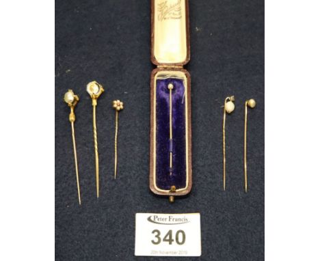 A collection of 9ct gold stick pins. (B.P. 24% incl. VAT)