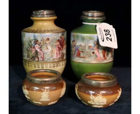 A pair of Doulton Lambeth two tone salts with plated collars, together with two continental urn type figural miniature vases.