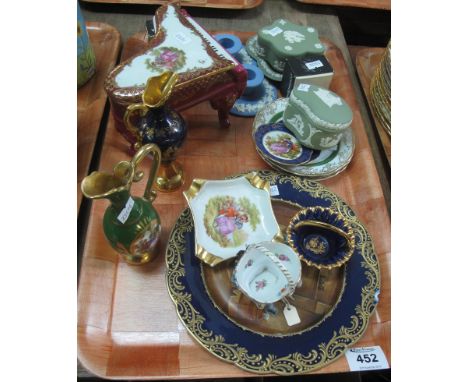 Tray of assorted china to include; Limoges jugs, Limoges novelty piano jewellery or ring box, Wedgwood Jasperware candlestick