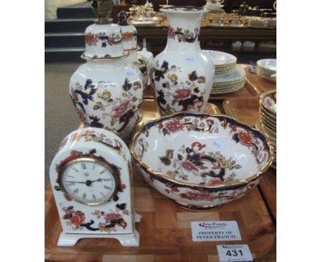 Tray of Masons Mandalay ironstone design items to include; pedestal bowl, mantel clock, table lamp and vases. (5)(B.P. 24% in