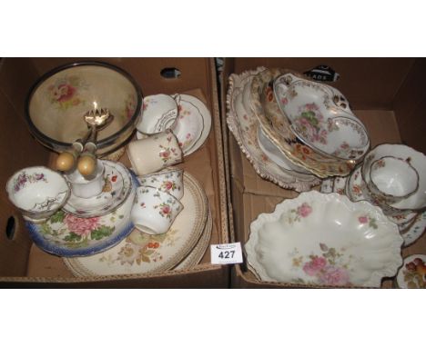 Two boxes of various china to include; various floral teaware, floral serving bowls including some Limoges, Crown Devon sugar