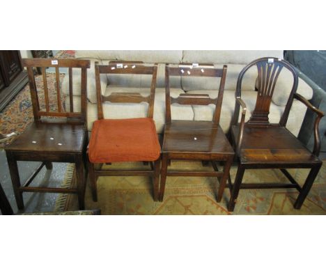 Pair of 19th Century elm kitchen chairs, together with a 19th Century stick back kitchen chair and another curve back open ar