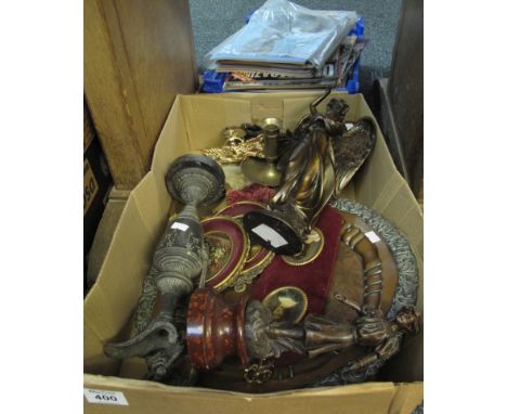 Box of assorted items to include; glass chamber stick, modern floral portraits and portrait miniatures, brass and plated tray