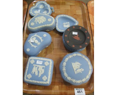Tray of mainly blue and white Wedgwood Jasperware items, mainly trinket boxes and pin dishes.(B.P. 24% incl. VAT)