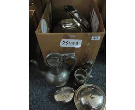 Box of assorted metalware to include; white metal serving dishes and trays, engraved flask, drinking vessels, pewter tankard,