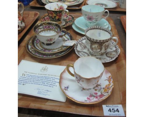 Tray of cabinet cups and saucers and trios to include; Noritake, Royal Crown Derby, Royal Albert 'Elfin', Royal Albert 'Provi